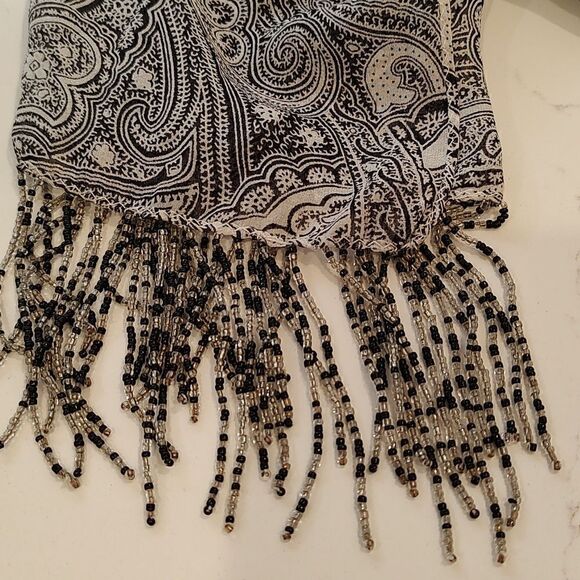 Bellissima Accessories Silk Black & White Paisley Scarf with Beaded Fringe - Picture 2 of 8